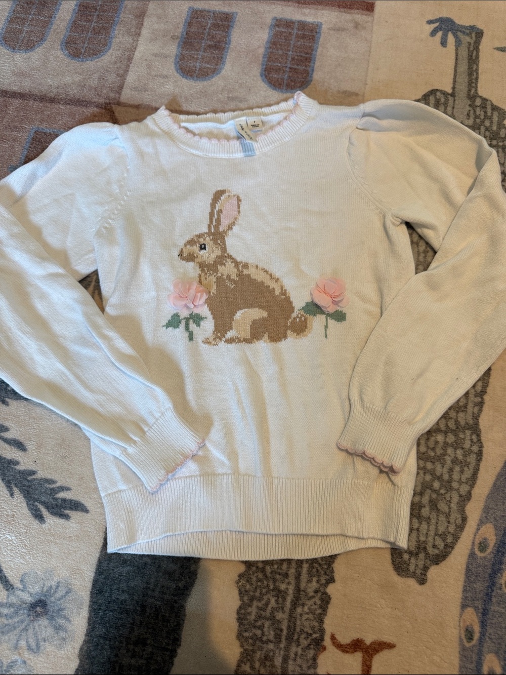 Janie and Jack Cream Knit Sweater with Brown Bunny and Pink Flowers
